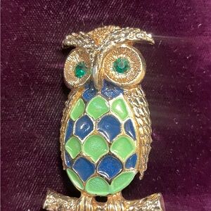Vintage Gold and Blue Owl Brooch